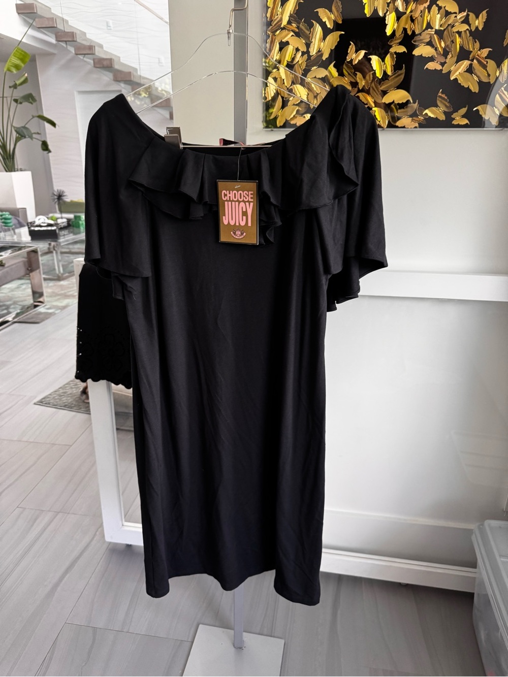 NWT  black Juicy Couture off-the-shoulder ruffle dress S L $228